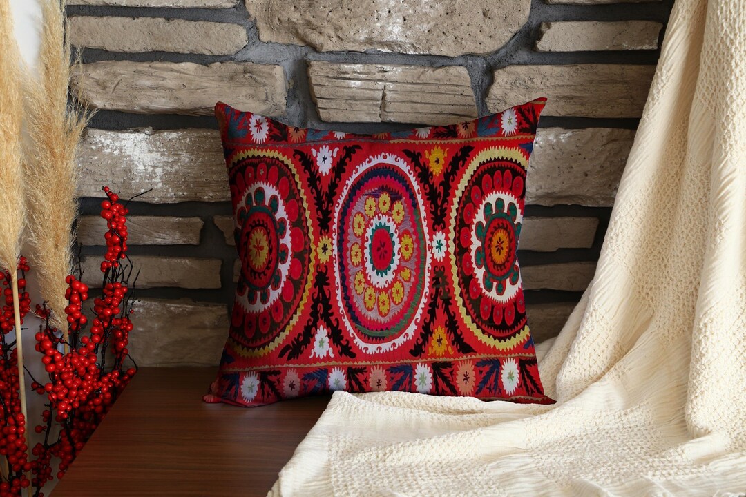 Kilim Cushion, Vibrant Red Rectangular Throw Pillow With Large