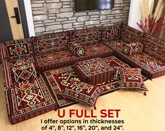 Burgundy Arabic Sofa, Oriental Sofa, 20" Thickness Sofa, Floor Sofa Seating, U FULL Set, Yemen Majlis, Home Decor