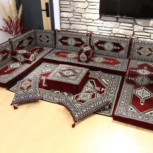 Burgundy Kilim Upholstered U FULL Sofa Set, Oriental Floor Cushion Set with Ottoman, Traditional Floor Seating for Prayer Rooms, L Full SET