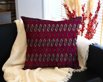 Burgundy Kilim Pillow with Intricate Repeating Patterns, Elegant Decorative Cushion for Sofa, Bed, or Boho-Style Living Spaces
