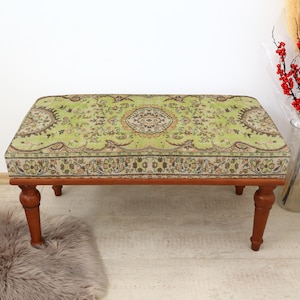 Green Kilim Rug Bench, Ottoman Upholstered BenchHandmade Furniture Footstool Bench, Aztec Bench, Farmhouse Decor Entry Bench Otooman bench