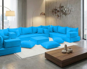 Modern Arabic Majlis Sofa, Custom Modular Velvet Floor Sofa, Luxury Home Seating, U Shape Floor Sofa Velvet, Modern Lounge Seating Set