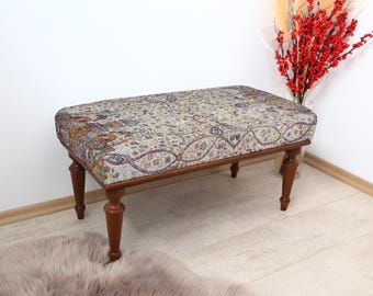 Wood Ottoman Bench, Footstool Bench, Entry Decor Bench, Bedroom Bench, Window Seating, Turkish Rug Bench, Piano Bench, Living Room Bench