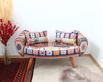2 Seater Bench with Armchair, Stylish Outdoor Ottoman Sofa Bench, Patio Bench, Comfortable Seating for Garden, Unique Armchair, Kilim Sofa