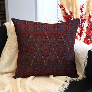Dark Red And Navy Blue Square Throw Pillow With Three Large Diamond Shapes, Traditional Oriental Rug Style Geometric Cushion