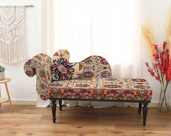vintage style, kilim furniture, bohemian style, settee bench, curved sofa, kilim bench, wedding gift idea, durable fabric sofa,