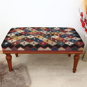 Blue Rug Upholstered Ottoman Bench 48&quot;, Boho Entryway Bench, Dining Bench, Piano Bench, Footstool Ottoman, Wooden Farmhouse Livingroom Bench