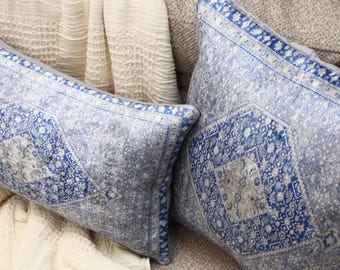 Blue Kilim Design Pillow, Boho Chic Accent Cushion, Decorative Throw Pillow for Living Room, Bedroom Decor, Housewarming Gift, Lumbar Pillow
