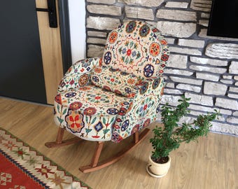 Handmade Lounge Chair, Oriental Accent Armchair, Print Upholstery, Living Room Decor Chair, Rocking Chair, Outdoor Chair, Garden Chair