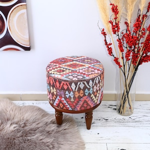 Bohemian Small Bench 18x18&quot;, Entryway Footstool, Kilim Rug Upholstered Bench, Boho Farmhouse Furniture Decor Piano Pouf, Kitchen Bench