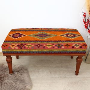 Handmade Wooden Bench, Bedroom Bench, Piano Bench, Turkish Rug Upholstered Bench, Wooden Seating Bench, Ottoman Bench, Home Decor Bench