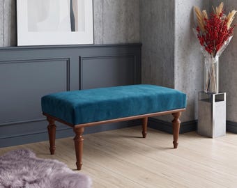 Modern Boho Teal Blue Velvet Bench Seat – Elegant Handcrafted Living Room Decor
