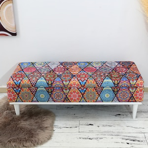 Secret storage space, Turkish rug bench, Ottoman bench, Footboard bench, Upholstered bench, Hallway organizer, Bedroom bench, Floral Bench