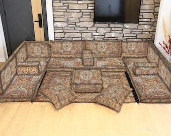 Ottoman Sofa in Brown With Rich Carpet Pattern, U-Shaped Majlis Seating Set Featuring Cushions, Cozy Ottoman Floor Seating Set for Interiors