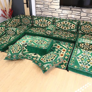 Ensemble de sièges au sol traditionnel Majlis, canapé oriental ottoman, décoration de salon de style tribal vert, canapé de sol arabe, coussin de sol en forme de U
