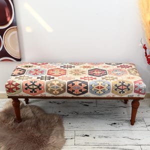 Kilim Rug Bench, Ottoman Upholstered Bench, Handmade Furniture, Floral Design Bench, Aztec Bench, Farmhouse Decor, Entry Bench, Vanity Bench