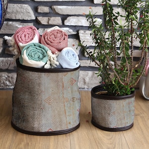 Boho Cabinet Basket and Hanging Planter, Rustic Pot Holder for Towels and Plants, Handmade Decorative Fabric Basket Gift Set
