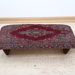 Rug Patterned Anatolian Footstool, Handmade Boho Ottoman Seat, Tribal Kilim Accent Stool, Rustic Upholstered Vanity Bench, Anatolian Stool