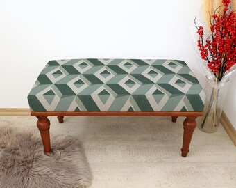 Geometric Pattern Ottoman with Wooden Legs, Rectangular Footstool in Green and Gray 3D Squares and Diamonds, Stylish Modern Home Accent