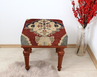 Turkish Kilim Stool, Handmade Rustic Ottoman, Vintage Ethnic Bench, Bohemian Style Seat, Shabby Chic Decor, Tribal Kilim Furniture