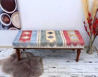 Upholstered Bench, Floral Rug Bench, Boho Piano Bench, Dressing Table Seat, Kitchen Furniture, Wooden Shoe Bench, Dining Chair, Unique Bench