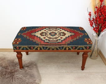 Bohemian Ottoman Bench, Brown Persian Rug Upholstered Bench, End of Bed Bench, Livingroom Bench 18x48", Southwestern Bench, Entry Footstool