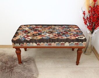 Wood ottoman bench, Footstool bench, Entry bench, Bedroom furniture, Window seating, Turkish rug bench, Piano bench, Living room bench