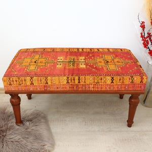 Handmade Wood Work Bench, Upholstered Ottoman Bench, Bedroom Bench, Dining Bench, Pink Turkish Rug Bench 18x18x36&quot;,Orange bench,Piano Bench
