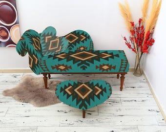 Southwestern Chaise Lounge, Teal Aztec Print Settee with Heart Ottoman, Western Rustic Decor Entryway Bench, Tribal Upholstered Loveseat