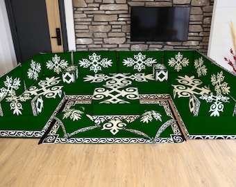 Green White U Shaped Full Sofa Set, Garden Furniture, Yemen Majlis, Green Arabic Majlis Set, Living Room Seating, Modular Sectional Cushion