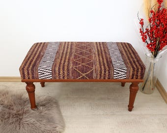 Bohemian Ottoman Bench, Brown Kilim Rug Upholstered Bench, End of Bed Bench, Livingroom Bench 18x48", Southwestern Bench, Entry Footstool