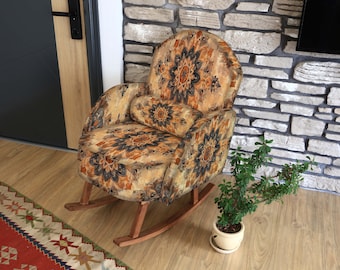 Floral Pattern Rocking Chair, Upholstered Burnt Orange and Black Accent Chair, Wooden Rocker, Bohemian Decor, Unique Living Room Furniture