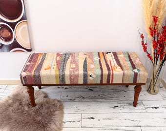 Furniture Bench, Entrway Bench, Ottoman Bench, Bohemian Bench Chair Bench Rug Print Upholstered Bench, Hallway Bench, Striped Bedroom Bench