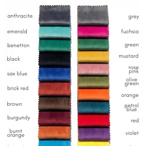 May include: Image displaying a color chart with fabric swatches. The text "COLOR OPTIONS" is at the top. Swatches include anthracite, emerald, benetton, black, sax blue, brick red, brown, burgundy, burnt orange, and turquoise. Additional swatches are grey, fuchsia, green, mustard, rose pink, olive green, orange, petrol blue, red, violet, and yellow.