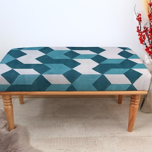 Rustic Wooden Leg, Upholstered Bench With Vibrant Colorful Cube Fabric, Farmhouse Ottoman for Entryway,Living Room Bench, Decorative Seat
