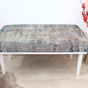 Muted Blue Gray Ottoman with Patterned Upholstery, Rectangular Bench with White Legs, Soft Toned Decorative Footstool for Cozy Interiors