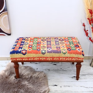 Rustic Entry Bench, Turkish Home Decor, Farmhouse Style Bench, Upholstered Bedroom Stool, Make Up Bench, Colorful Hallway Bench, Piano Bench