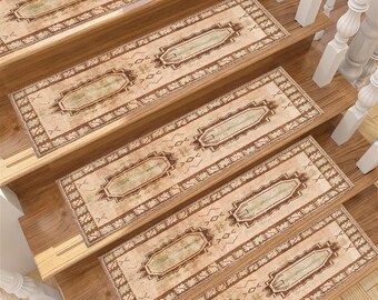May include: Set of five beige and brown patterned stair treads with a geometric design. The treads are made of a soft, durable material and are perfect for adding a touch of style to any staircase.