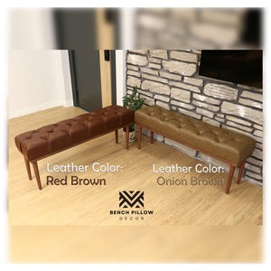 Cognac Leather Tufted Entryway Bench, Large Upholstered Ottoman for Bedroom, Checkered Leather Bench, Vintage Style Faux Leather Bench Seat