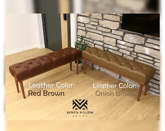 Cognac Leather Tufted Entryway Bench, Large Upholstered Ottoman for Bedroom, Checkered Leather Bench, Vintage Style Faux Leather Bench Seat