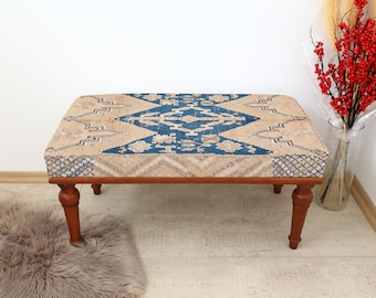 Kilim Rug Bench, Ottoman Upholstered Bench, Handmade Furniture, Footstool Bench, Aztec Bench, Farmhouse Decor, Entry Bench