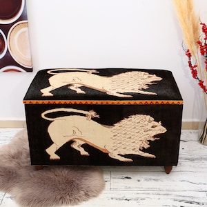 Lions storage, Soft touch bench, Ottoman organizer, Classic furniture, Modern shoe bench, Bedroom pouf, High end furniture Black Ottoman