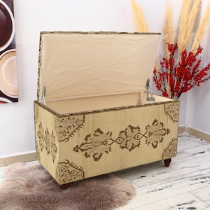 Rug Storage Ottoman Bench, Oriental Functional Furniture for Living Room, Handmade Footrest Bench, Hidden Storage, Wooden storage bench