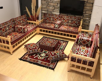 Handmade Wooden Bench for Patio, Outdoor Furniture, Eco-Friendly Design, Corner Sofa Set, U Shaped Wooden Bench, Arabic Seating Jalsah Sofa