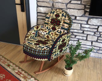 Upholstery Rocking Chair, Handmade Wooden Glider, Traditional Print Reading Chair, Unique Living Room Decor, Housewarming Gift, Custom Chair