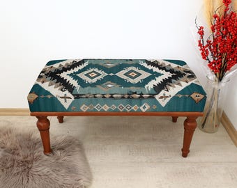 Banco otomano, banco para sala de estar, banco reposapiés, banco para tocador, banco para piano, banco cubierto con kilim, banco para mesa de comedor, banco para decoración del hogar