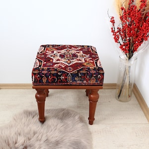 Square Ottoman Upholstered Bench, Handmade Square Stool, Hand-Woven Vintage Turkish Hemp Kilim Rug Ottoman Furniture,