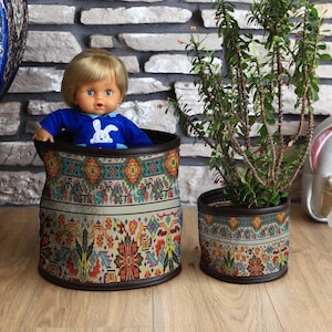 Kilim Printed Cozy Basket Planter, Upholstered Wide Basket Flower Pot Holder, Planter Pack and Decorative Pot Cover for Bench, Cozy Planter