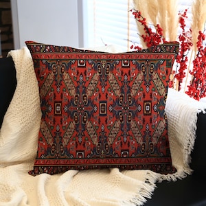 Deep Red Square Throw Pillow With Intricate Oriental Rug Pattern, Navy, Beige, Black Symmetrical Cross Motifs For Vintage Decor, Soft Pillow