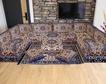 Oriental Rug Upholstered Floor Seating, U FULL set for Guests, Housewarming Gift, Yemen Sofa, Arabic Majlis, Home Decor, Middle Eastern Sofa